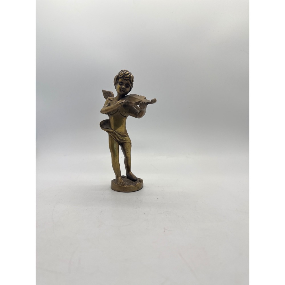 Vintage Brass Cupid Cherub Figurine Playing Violin Winged Angel Statue Decor